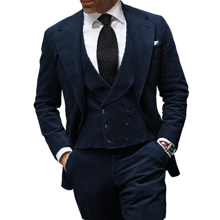 Ceehuteey Corduroy Men’s 3 Pieces Regular Fit Blazer (Blazer+vest+Pants) – 42R / Navy