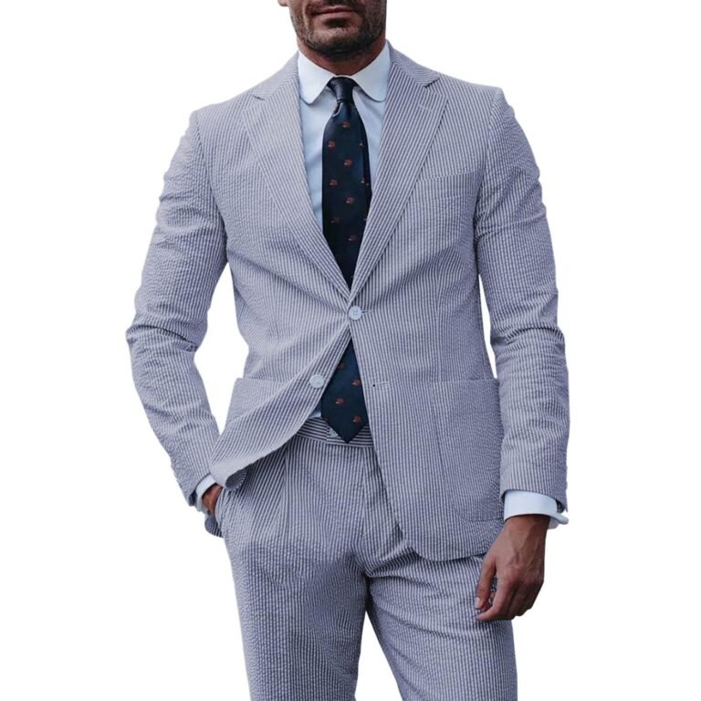 Ceehuteey Fashion Men’s 2-Pieces Striped Flat Notch Lapel Suit(Blazer+Pants) – Blue / 42R