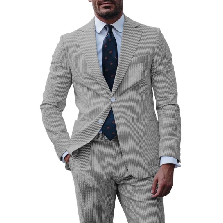 Ceehuteey Fashion Men’s 2-Pieces Striped Flat Notch Lapel Suit(Blazer+Pants) – Grey / 42R