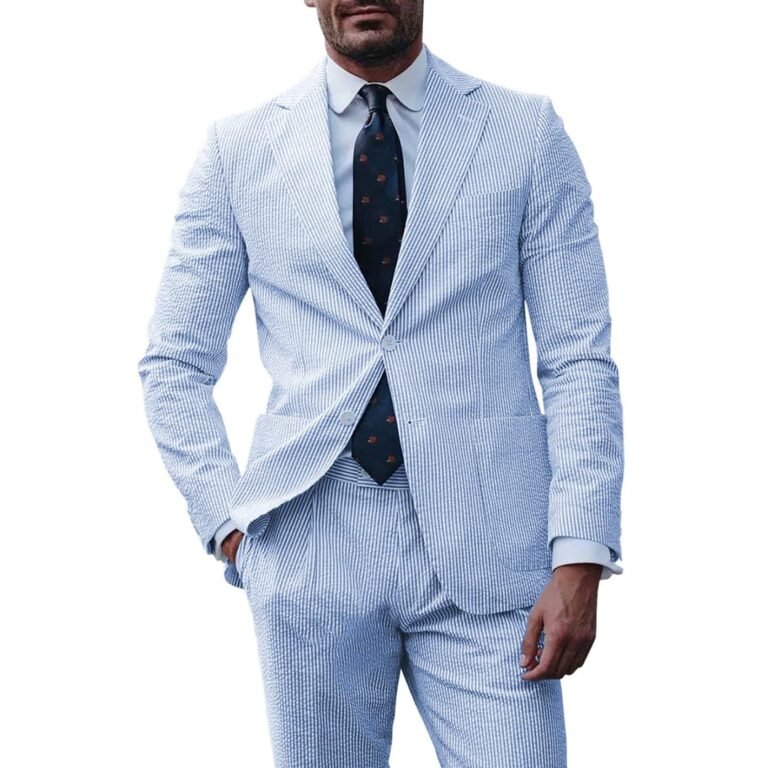 Ceehuteey Fashion Men’s 2-Pieces Striped Flat Notch Lapel Suit(Blazer+Pants) – Light Blue