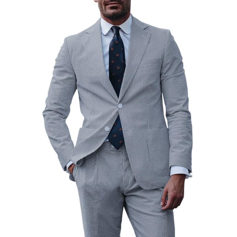Ceehuteey Fashion Men’s 2-Pieces Striped Flat Notch Lapel Suit(Blazer+Pants) – Light Navy