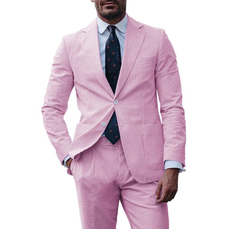 Ceehuteey Fashion Men’s 2-Pieces Striped Flat Notch Lapel Suit(Blazer+Pants) – Pink / 42R
