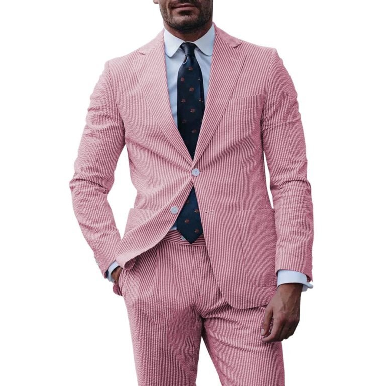 Ceehuteey Fashion Men’s 2-Pieces Striped Flat Notch Lapel Suit(Blazer+Pants) – Red / 42R