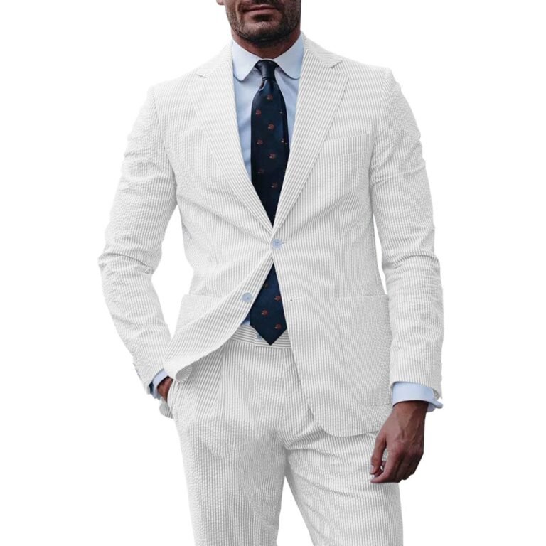 Ceehuteey Fashion Men’s 2-Pieces Striped Flat Notch Lapel Suit(Blazer+Pants) – White / 42R
