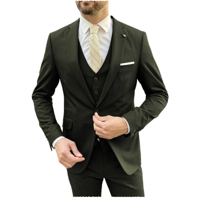 Ceehuteey Flat Notch Lapel 3 Pieces Mens Suit (Blazer+vest+Pants) – Army Green / 42R