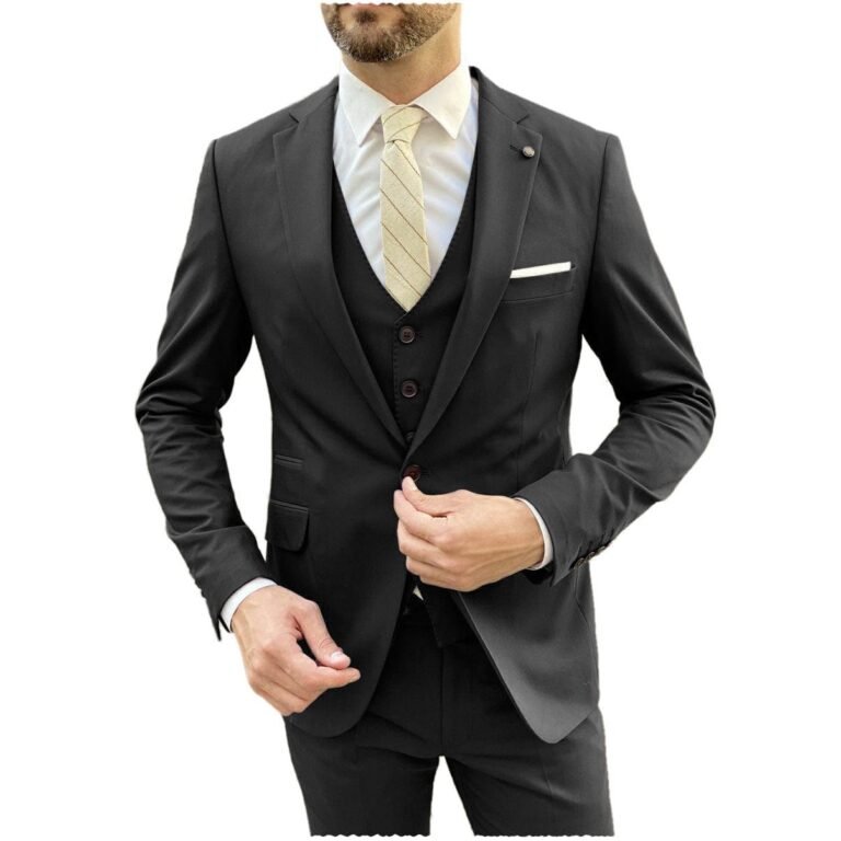 Ceehuteey Flat Notch Lapel 3 Pieces Mens Suit (Blazer+vest+Pants) – Black / 42R