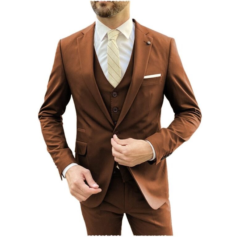 Ceehuteey Flat Notch Lapel 3 Pieces Mens Suit (Blazer+vest+Pants) – Brown / 42R