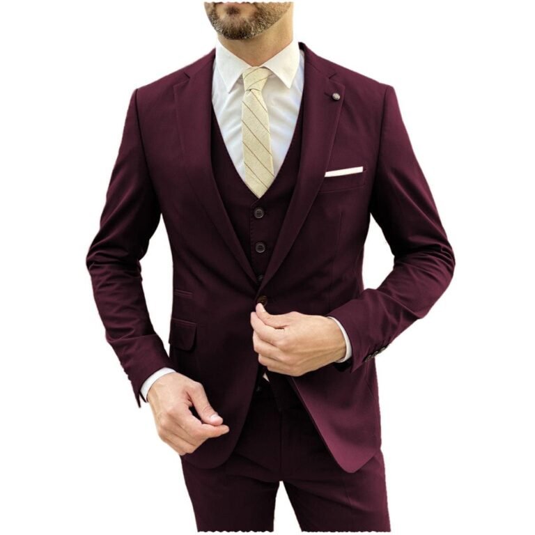 Ceehuteey Flat Notch Lapel 3 Pieces Mens Suit (Blazer+vest+Pants) – Burgundy / 42R