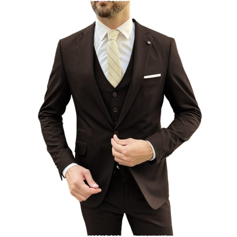 Ceehuteey Flat Notch Lapel 3 Pieces Mens Suit (Blazer+vest+Pants) – Coffee / 42R