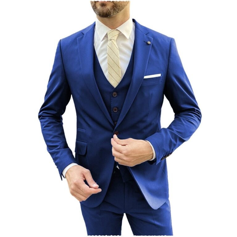 Ceehuteey Flat Notch Lapel 3 Pieces Mens Suit (Blazer+vest+Pants) – Dark Blue / 42R