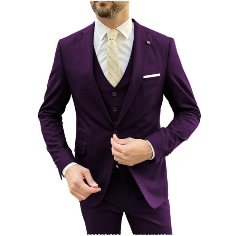 Ceehuteey Flat Notch Lapel 3 Pieces Mens Suit (Blazer+vest+Pants) – Dark Purple / 42R
