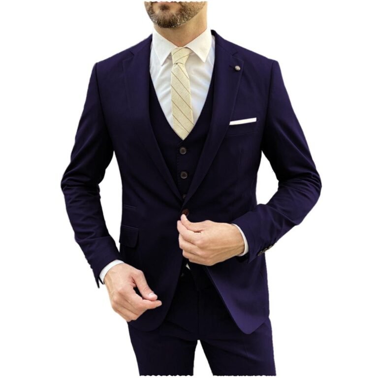 Ceehuteey Flat Notch Lapel 3 Pieces Mens Suit (Blazer+vest+Pants) – Navy / 42R