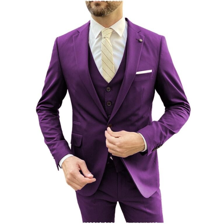 Ceehuteey Flat Notch Lapel 3 Pieces Mens Suit (Blazer+vest+Pants) – Purple / 42R