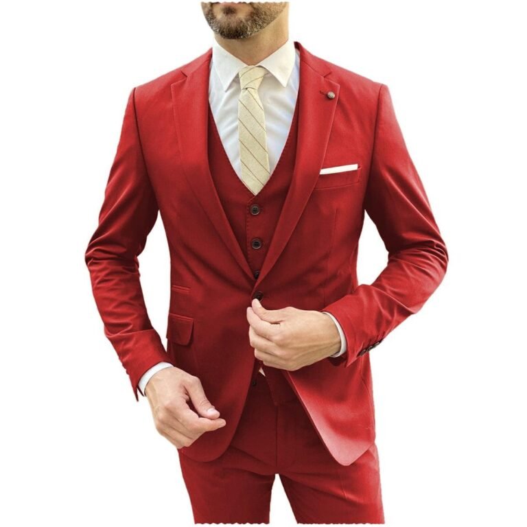 Ceehuteey Flat Notch Lapel 3 Pieces Mens Suit (Blazer+vest+Pants) – Red / 42R