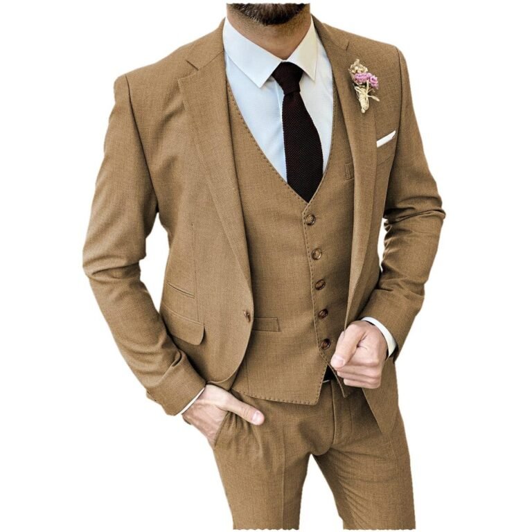Ceehuteey Formal Flat 3 Pieces Mens Suit Notch Lapel Blazer (Blazer+vest+Pants) – Brown /