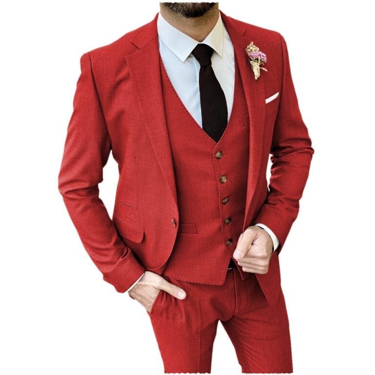 Ceehuteey Formal Flat 3 Pieces Mens Suit Notch Lapel Blazer (Blazer+vest+Pants) – Red /