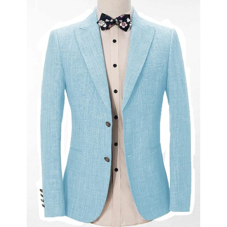 Ceehuteey Formal Linen Men’s Regular Peak Lapel Blazer – 42R / Light Blue