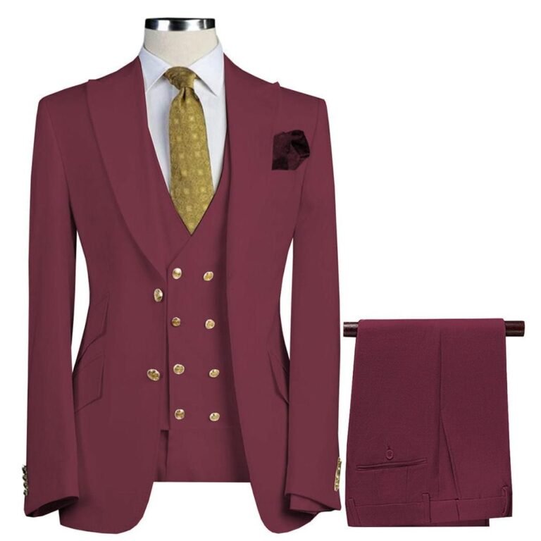 Ceehuteey Formal Men’s 3 Pieces Flat Peak Lapel Tuxedos For Wedding (Blazer+vest+Pants) — Mens Blazervestpants Burgundy 42r