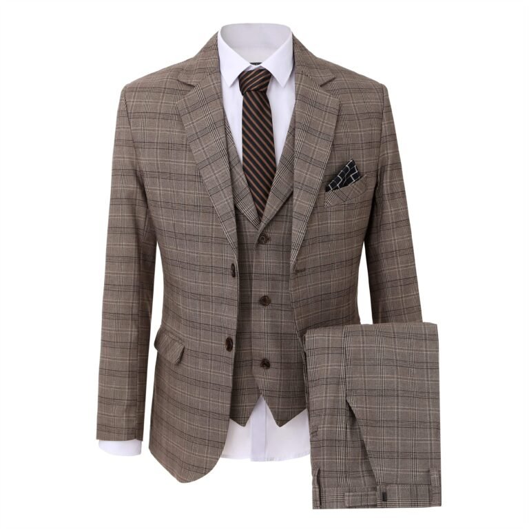 Ceehuteey Formal Men’s Fashion 3 Pieces Tweed Plaid Notch Lapel Suit Men for Wedding Or