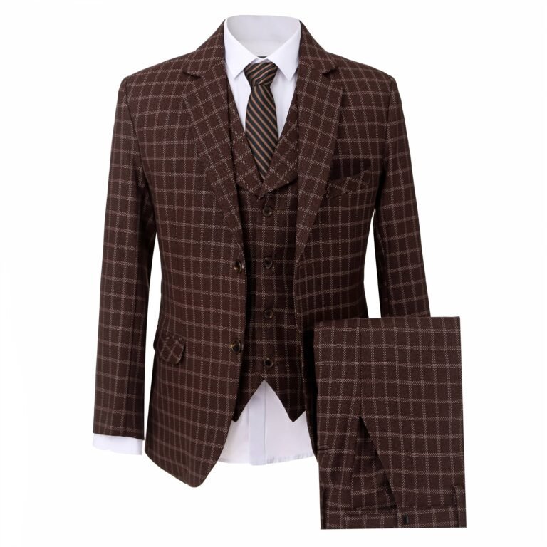 Ceehuteey Formal Men’s Vintage 3 Pieces Tweed Plaid Notch Lapel Suit Men for Wedding Or