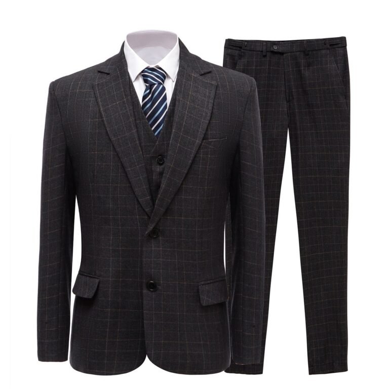 Ceehuteey Formal Plaid 3 Pieces Mens Notch Lapel Suit Tuxedos (Blazer+vest+Pants) – Black