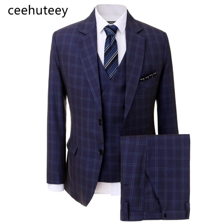 Ceehuteey Formal Plaid Men’s Business 3 Pieces Tweed Notch Lapel Suit (Blazer+vest+Pants)