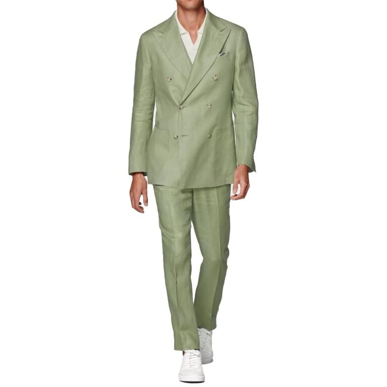 Ceehuteey Linen Fashion Double Breasted Peak lapel for Men Solid Suit(Blazer+Pants)
