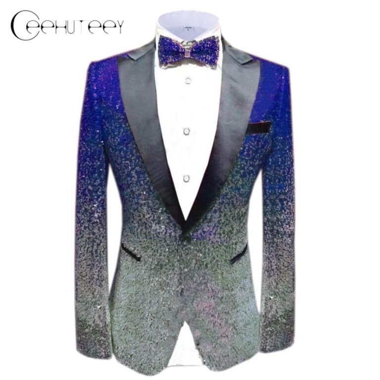 Ceehuteey Men Peak Lapel Gradual Change Color Sequins Tuxedos Suit Blazer – 42R / Royal
