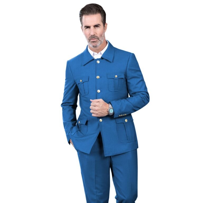Ceehuteey Men’s 2 Piece Lapel With Metal Clasp Classic Fit vintage Suit – 42R / Blue