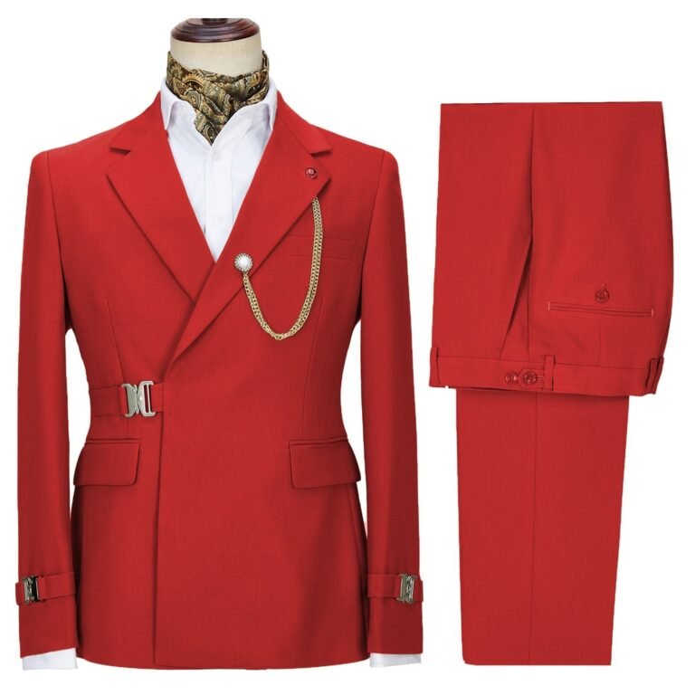 Ceehuteey Men’s 2 Piece Suit with Metal Clasp Slim Fit Suit Stylish Tuxedo Suit Set – Red