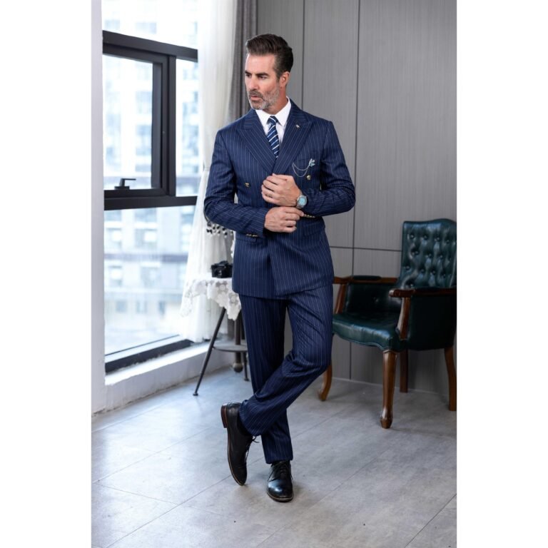 Ceehuteey Men’s 2 Pieces Formal Pinstripe Suit Peak Lapel Striped Tuxedos (Blazer+Pants)