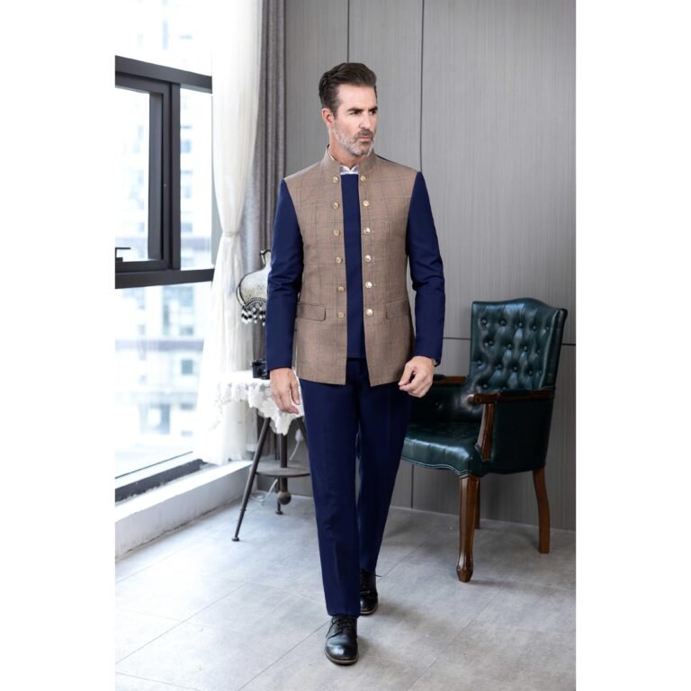Ceehuteey Men’s 2 Pieces Stand Collar Chinese Classic Design Plaid Suits(Blazer+Pants)