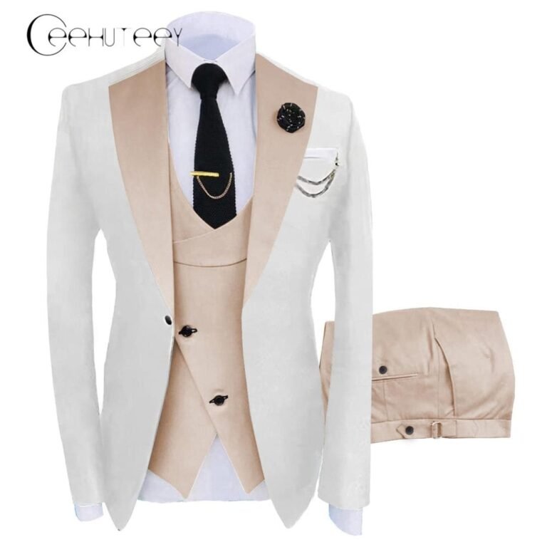 Ceehuteey Men’s 3 Piece Suits Slim Fit Notch Lapel Western Tuxedos (White Blazer+Vest+