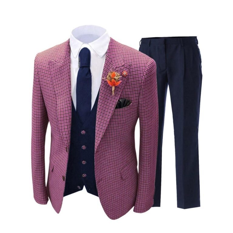 Ceehuteey Men’s 3 Pieces Checked Houndstooth Peak Lapel Tuxedos (Blazer+vest+Pants)