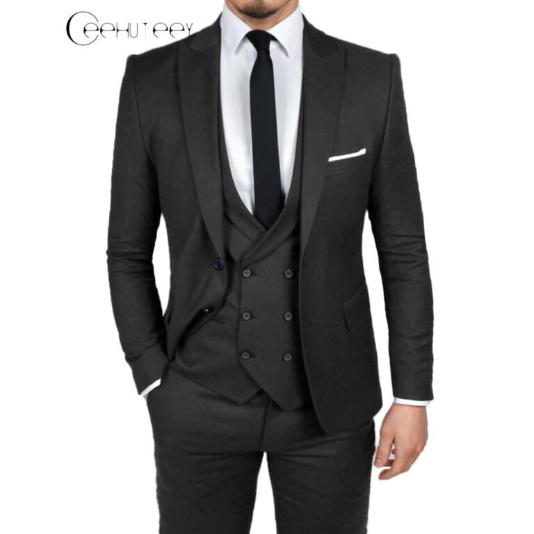 Ceehuteey Men’s 3 Pieces Dinner Suit Peak Lapel Tuxedos Groom (Blazer+vest+Pants) – Black