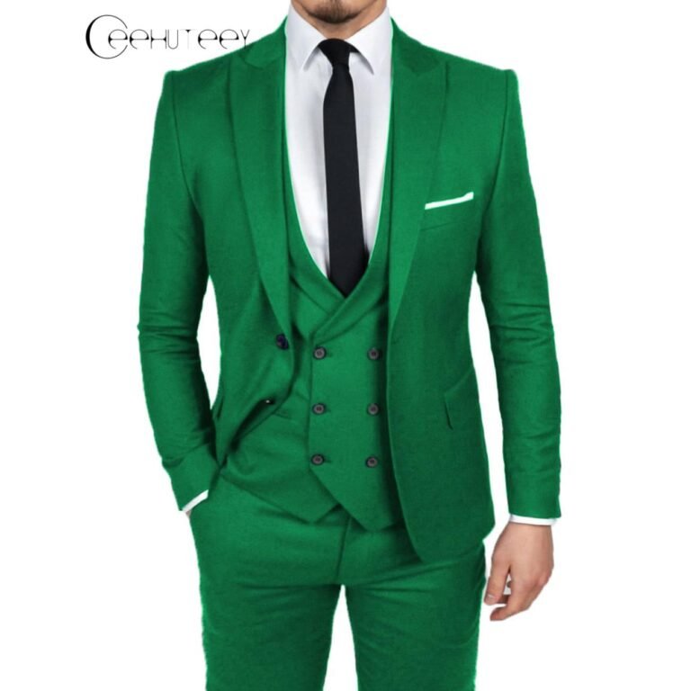 Ceehuteey Men’s 3 Pieces Dinner Suit Peak Lapel Tuxedos Groom (Blazer+vest+Pants) – Green