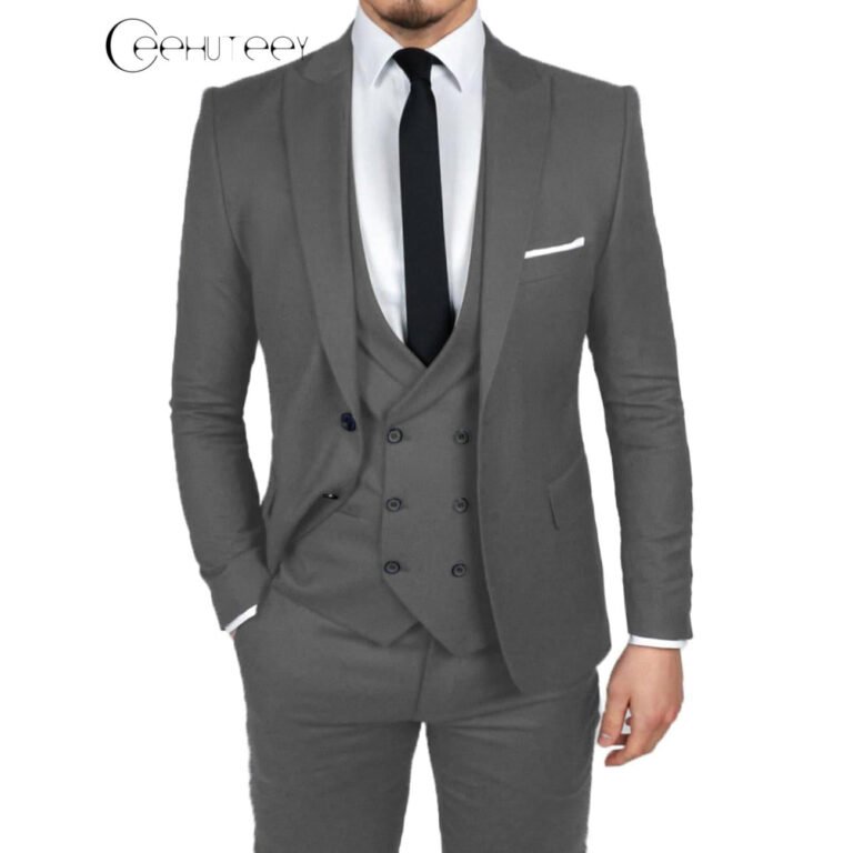 Ceehuteey Men’s 3 Pieces Dinner Suit Peak Lapel Tuxedos Groom (Blazer+vest+Pants) – Grey