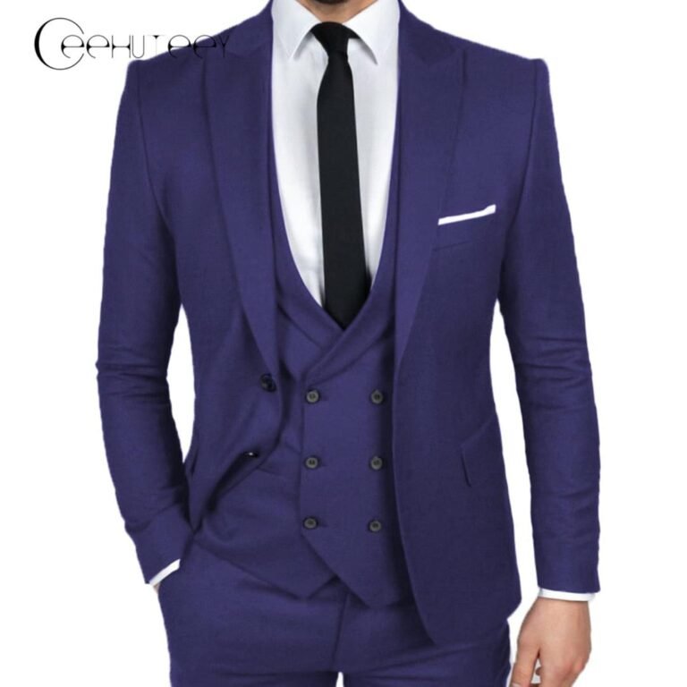 Ceehuteey Men’s 3 Pieces Dinner Suit Peak Lapel Tuxedos Groom (Blazer+vest+Pants) – Navy