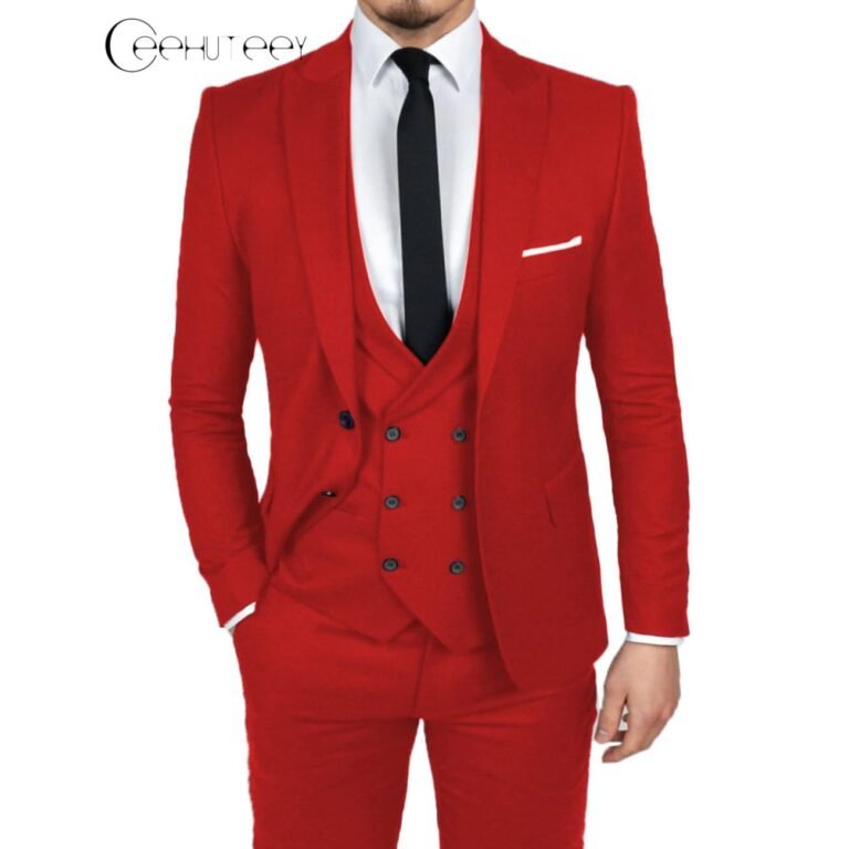 Ceehuteey Men’s 3 Pieces Dinner Suit Peak Lapel Tuxedos Groom (Blazer+vest+Pants) – Red /