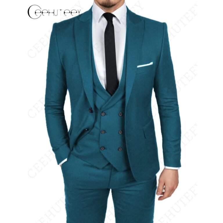 Ceehuteey Men’s 3 Pieces Dinner Suit Peak Lapel Tuxedos Groom (Blazer+vest+Pants) – Teal