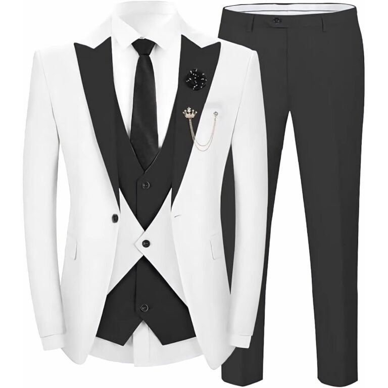 Ceehuteey Men’s 3 Pieces Leisure Flat Peak Lapel Tuxedos for Party – Black / 42R
