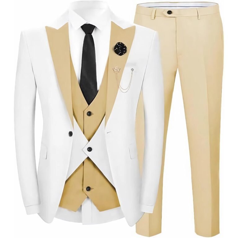 Ceehuteey Men’s 3 Pieces Leisure Flat Peak Lapel Tuxedos for Party – Champagne / 42R