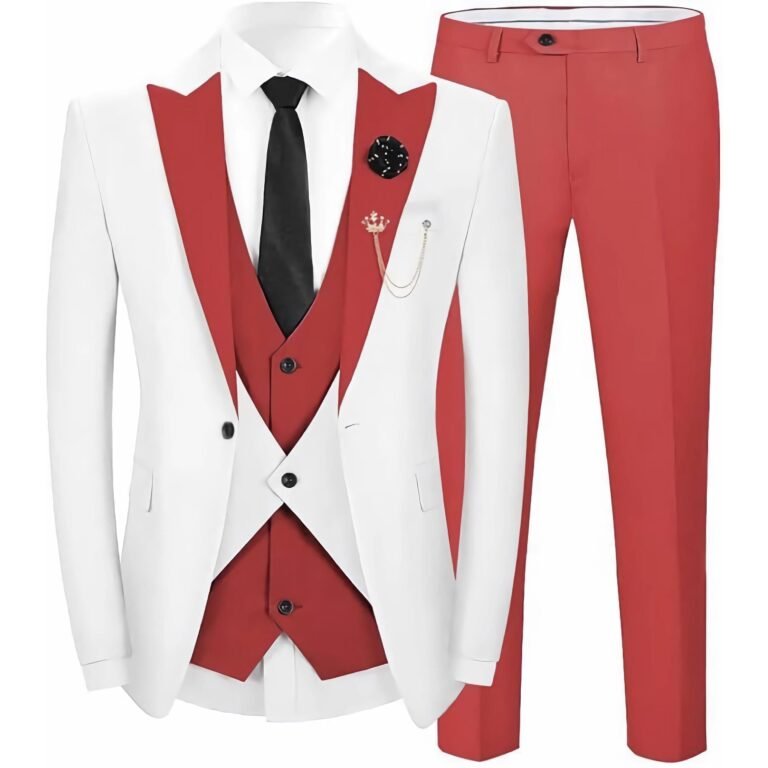 Ceehuteey Men’s 3 Pieces Leisure Flat Peak Lapel Tuxedos for Party – Red / 42R