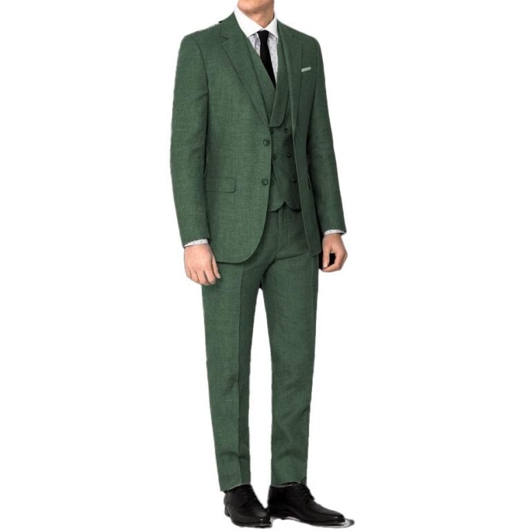 Ceehuteey Men’s 3 Pieces Linen Regular Fit Notch Lapel Fashion Suit – Army Green / 42R