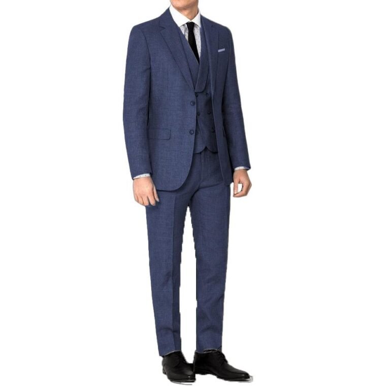 Ceehuteey Men’s 3 Pieces Linen Regular Fit Notch Lapel Fashion Suit – Navy / 42R