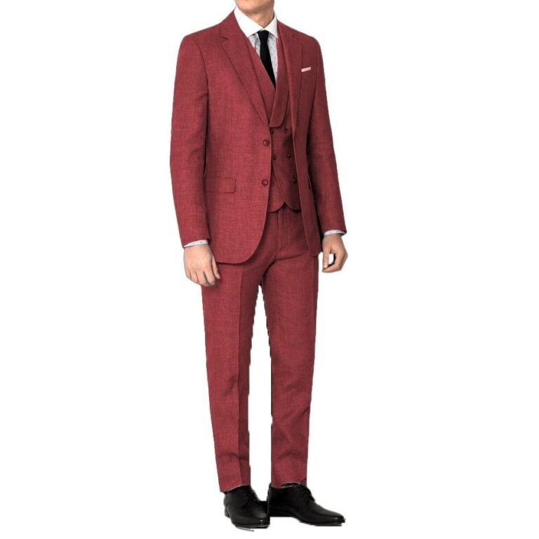 Ceehuteey Men’s 3 Pieces Linen Regular Fit Notch Lapel Fashion Suit – Red / 42R