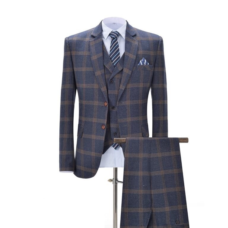 Ceehuteey Men’s 3 Pieces Notch Lapel Plaid Tuxedos (Blazer+vest+Pants) – Navy / 42R
