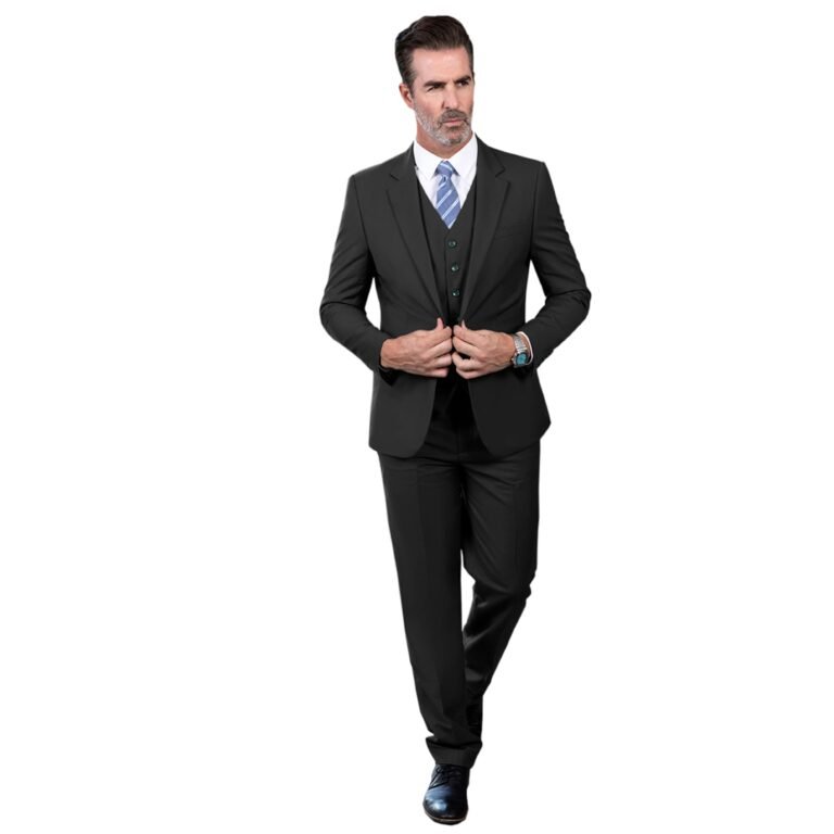 Ceehuteey Men’s 3 Pieces Regular Fit Notch Lapel Business Suit – Black / 42R