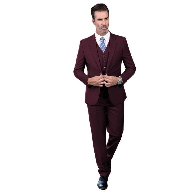 Ceehuteey Men’s 3 Pieces Regular Fit Notch Lapel Business Suit – Burgundy / 42R