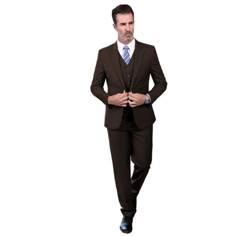Ceehuteey Men’s 3 Pieces Regular Fit Notch Lapel Business Suit – Coffee / 42R